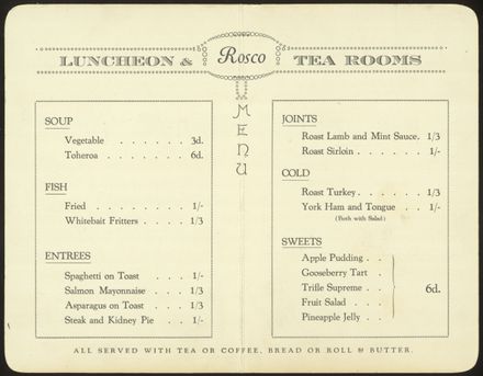 Rosco Souvenir Menu, for the opening of the new tearooms