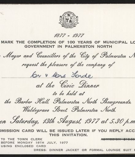 Invitation to celebrate 100 years of the local government in Palmerston North
