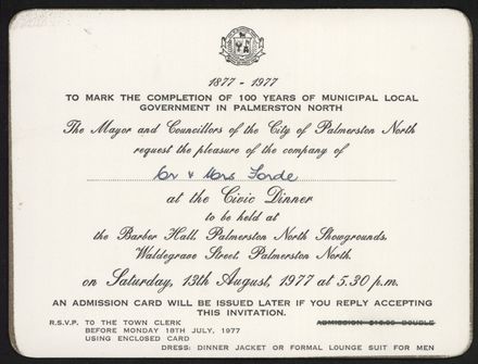 Invitation to celebrate 100 years of the local government in Palmerston North