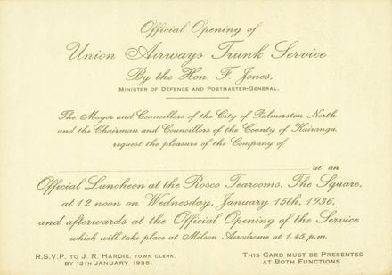 Invitation to the official opening of Union Airways Trunk Service