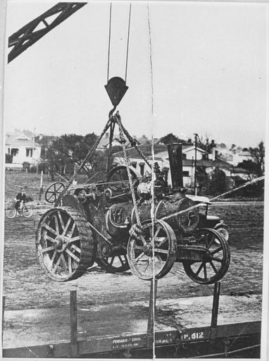 Fred Currie's tractor unloading a traction engine at the Terrace End Railway Station - Resource cover image