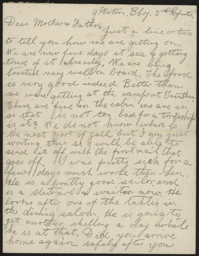 Letter home from ship during WWI