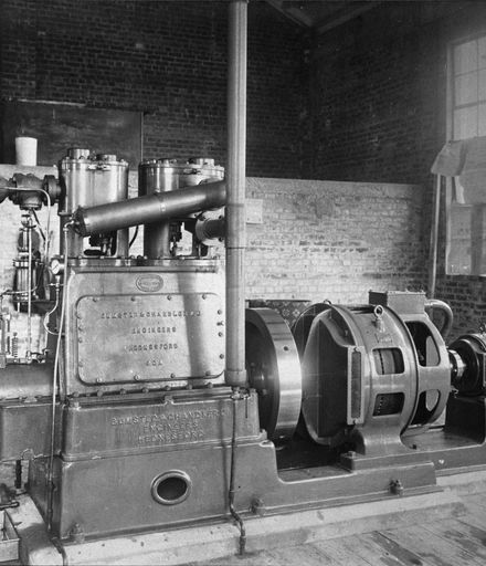 Steam engine and generator at the Palmerston North Abattoir, Maxwell's Line