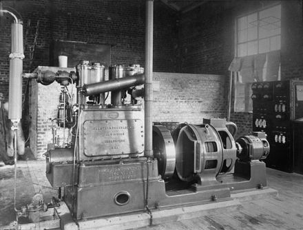 Steam engine and generator at the Palmerston North Abattoir, Maxwell's Line