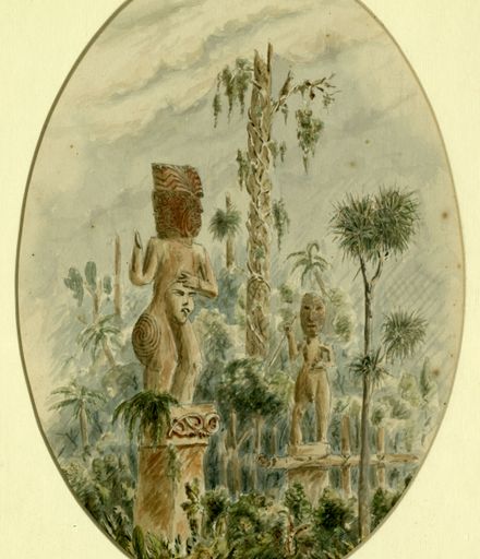 Drawing of carved palisade posts at old pa, Wairarapa