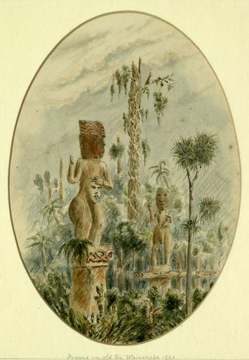 Drawing of carved palisade posts at old pa, Wairarapa