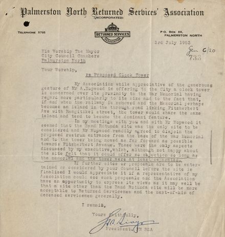 Letter from the Palmerston North RSA, regarding concerns over the siting the Clock Tower in The Square