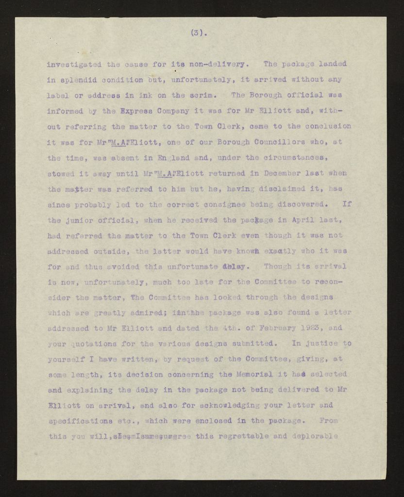 Correspondence regarding design of memorial, PN & Districts Soldiers' Memorial Fund, 9 January 1924 3