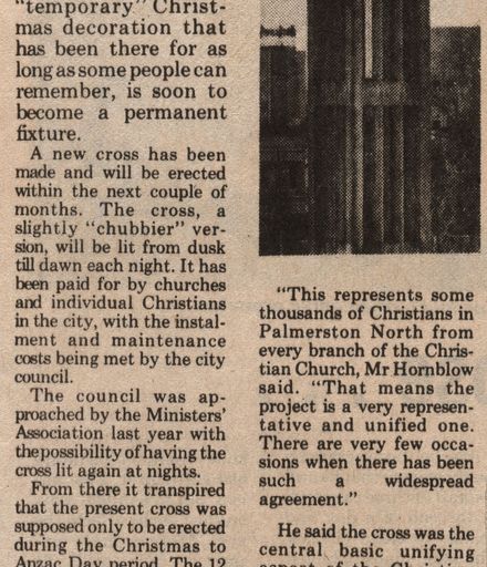 Newspaper article regarding a replacement cross for the Palmerston North Clock Tower