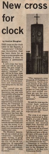 Newspaper article regarding a replacement cross for the Palmerston North Clock Tower