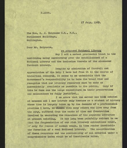 Letter from G C Petersen to Honourable K J Holyoake