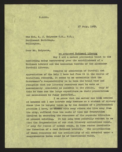 Letter from G C Petersen to Honourable K J Holyoake