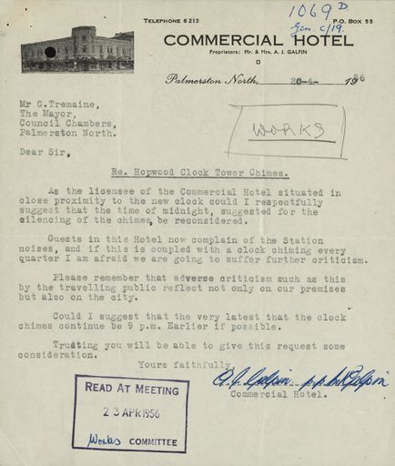 Letter from Commercial Hotel regarding when to silence the Palmerston North Clock Tower chimes