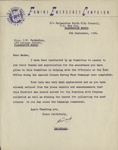 Correspondence: Letter to Miss Warburton regarding the Coupon Saving Week Campaign