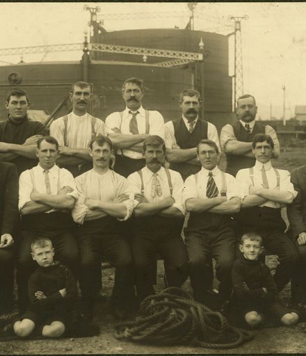 Staff of first Gasworks, corner of Cook and Main Streets