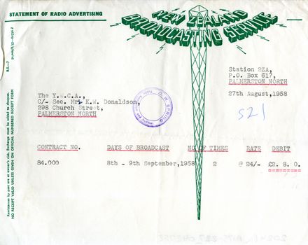 New Zealand Broadcasting Service (Station 2ZA) invoice