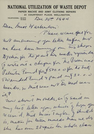 Correspondence: Letter from National Utilization of Waste Depot Papier Machie and Army Clothing Repairs