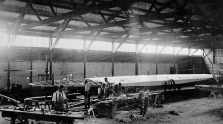 Repairing wing of Kingsford Smith's 'Southern Cross' aircraft