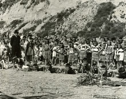 Kapa Haka during re-enactment of the river landing of early settlers, for Palmerston North Centennial