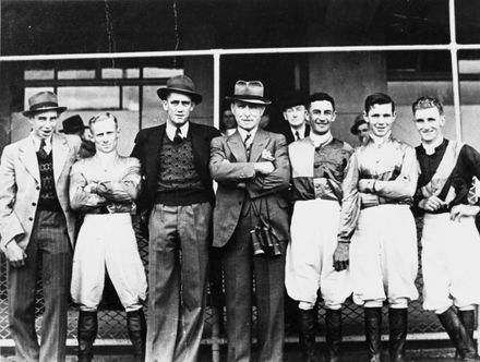 George New with horse racing jockeys