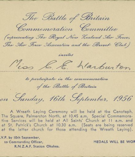 Invitation to Miss C.E.Warburton to take part in the Battle of Britain Commemoration Service 16 September, 1956