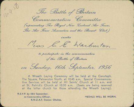 Invitation to Miss C.E.Warburton to take part in the Battle of Britain Commemoration Service 16 September, 1956