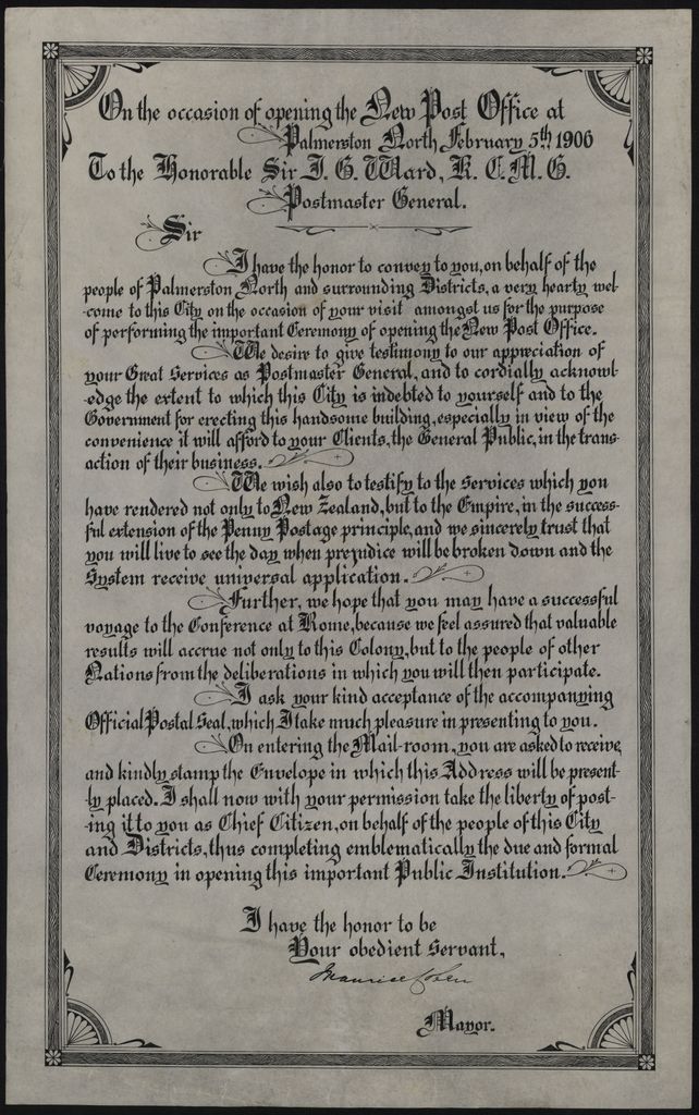 Address to Sir Joseph Ward on occasion of opening of new post office