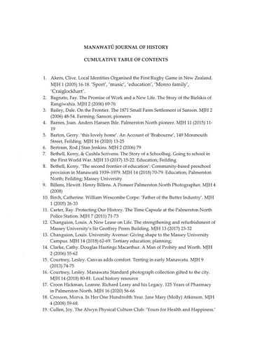The Manawatū Journal of History: cumulative table of contents by author The Manawatū Journal of History: cumulative table of contents by author