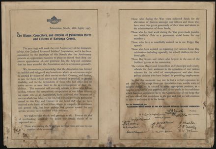Address from the Palmerston North Branch of the New Zealand Returned Soldiers' Association