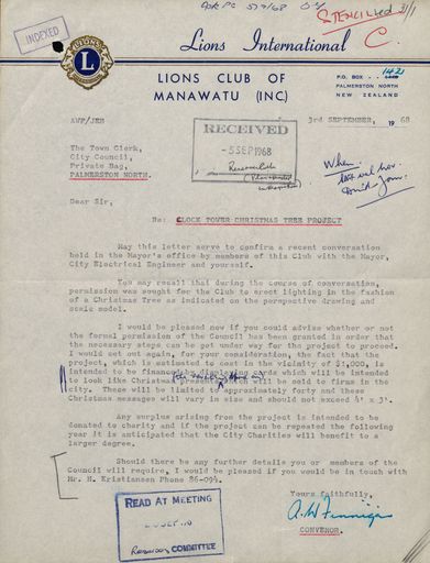 Letter from the Lions Club of Manawatu regarding a Christmas project to decorate Clock Tower