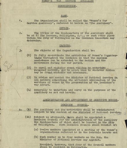 Women's War Service Auxiliary Constitution document