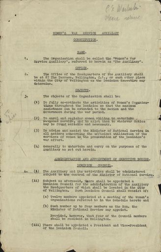 Women's War Service Auxiliary Constitution document