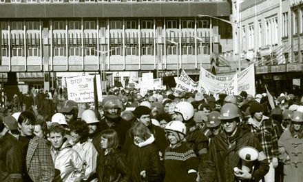 Anti-Apartheid and anti-Tour protest vanguard on match day.