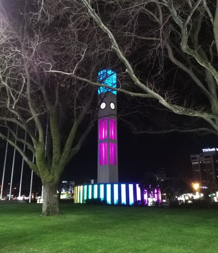 Hopwood Clock Tower lit at night