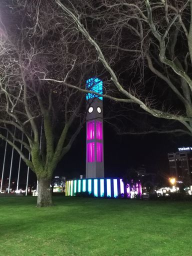 Hopwood Clock Tower lit at night