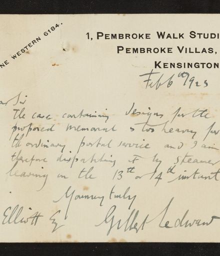 Correspondence regarding design of memorial, PN & Districts Soldiers' Memorial Fund, February 1923