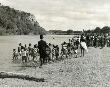 Re-enactment of the river landing of early settlers, for Palmerston North Centennial
