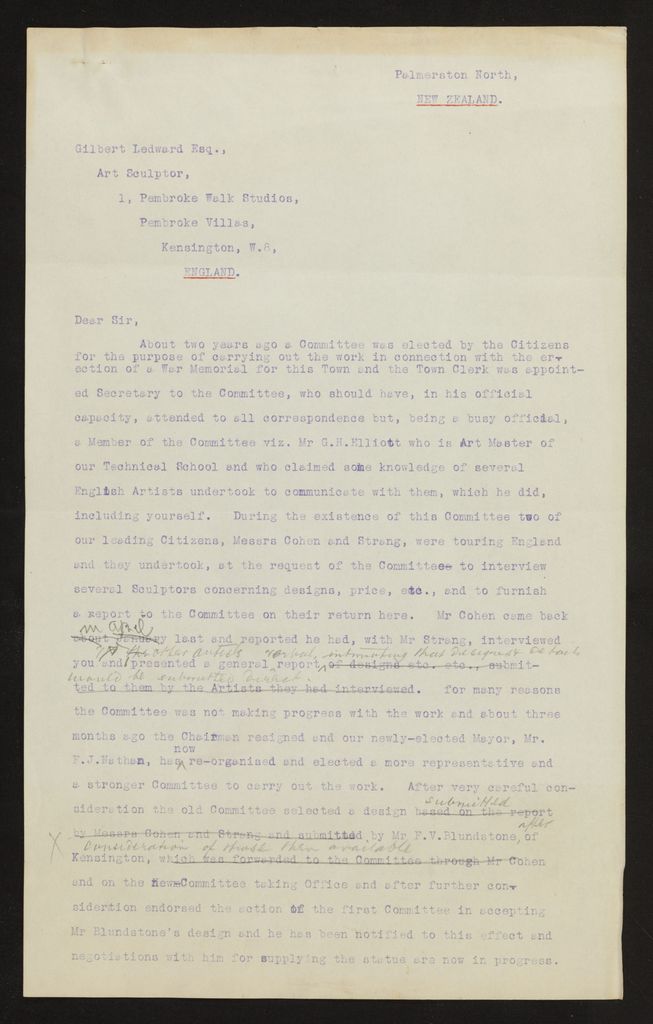 Correspondence regarding design of memorial, PN & Districts Soldiers' Memorial Fund, 1923