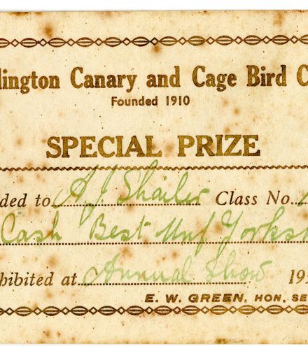 Wellington Canary and Cage Bird Club award