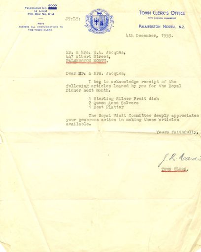 Letter of acknowledgement from the Palmerston North City Council to Mr and Mrs W A Jacques, regarding the Royal visit