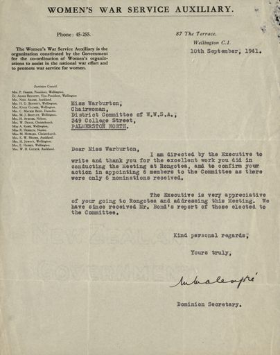 Womens War Service Auxiliary correspondence