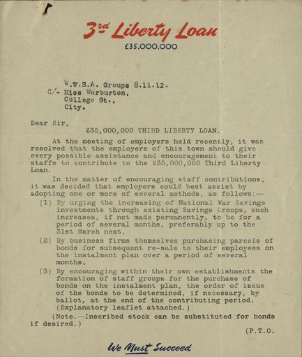 Correspondence: Letter to WWSA regarding the 3rd Liberty Loan