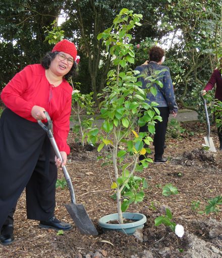Meriam Findlay helping plant a "Kate Sheppard" camellia to mark Suffrage 125