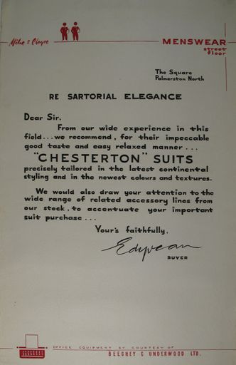 Milne and Choyce advertising poster for Chesterton suits