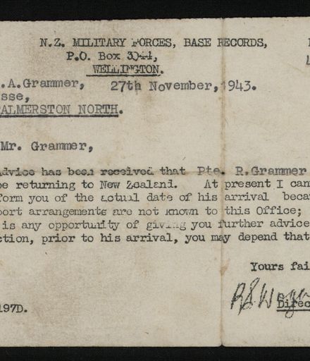 Letter to Thomas (Tom) Grammer from the N.Z. Military Forces