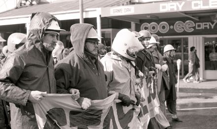 Anti-Apartheid and anti-Tour protest vanguard on match day.