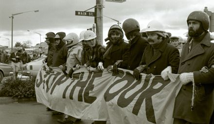 Anti-Apartheid and anti-Tour protest vanguard on match day.
