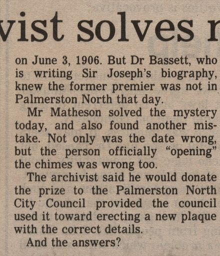 Newspaper article regarding the plaque on the Palmerston North Clock Tower