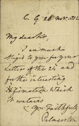 Letter written by Lord Palmerston