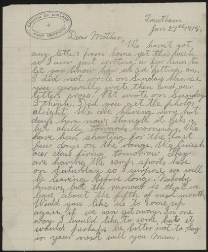 Letter from Les Argyle, from Trentham in WWI